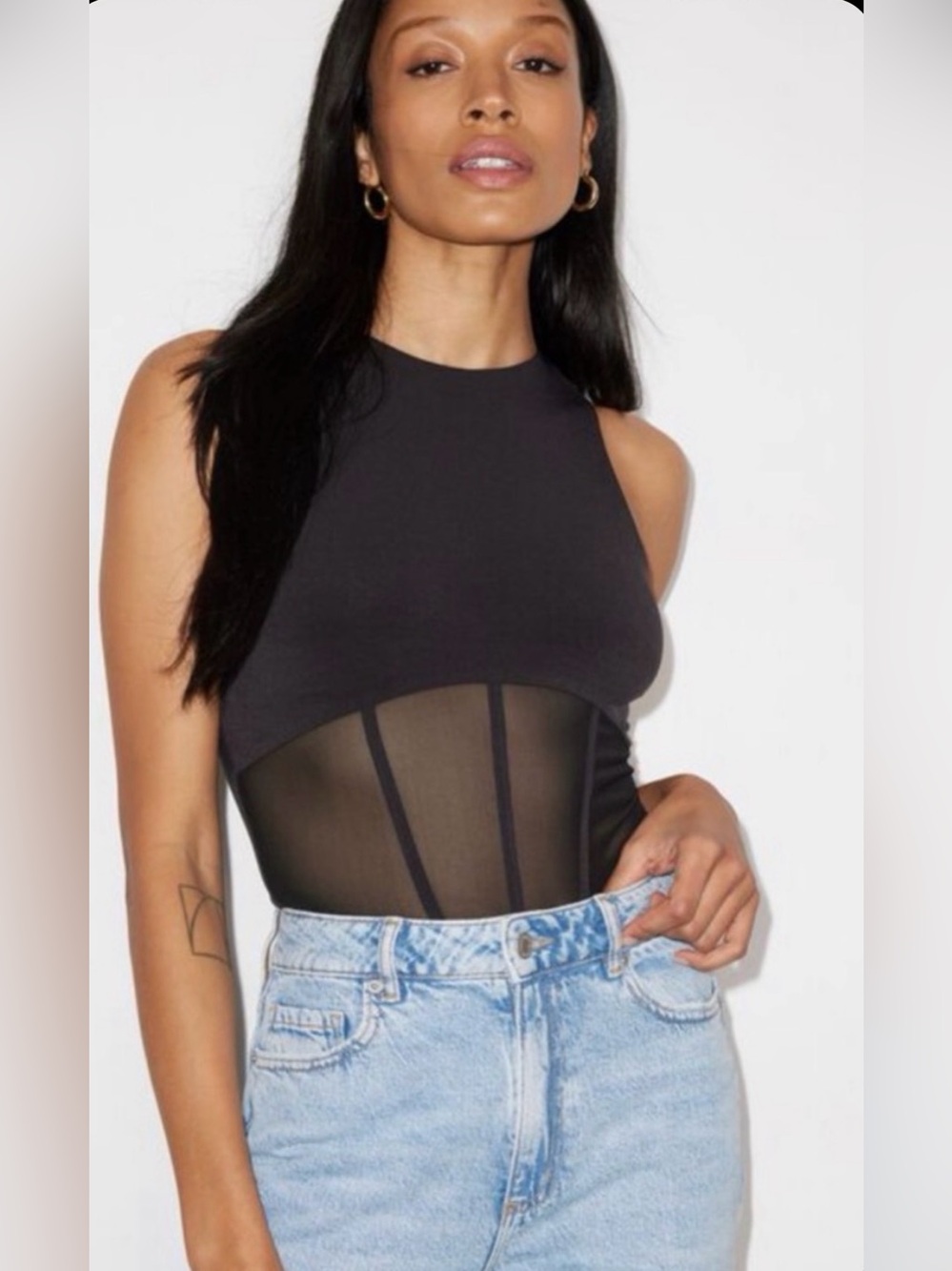 Dynamite Corset Front Mesh Insert Bodysuit Medium Jet Black Thong Back Brand New